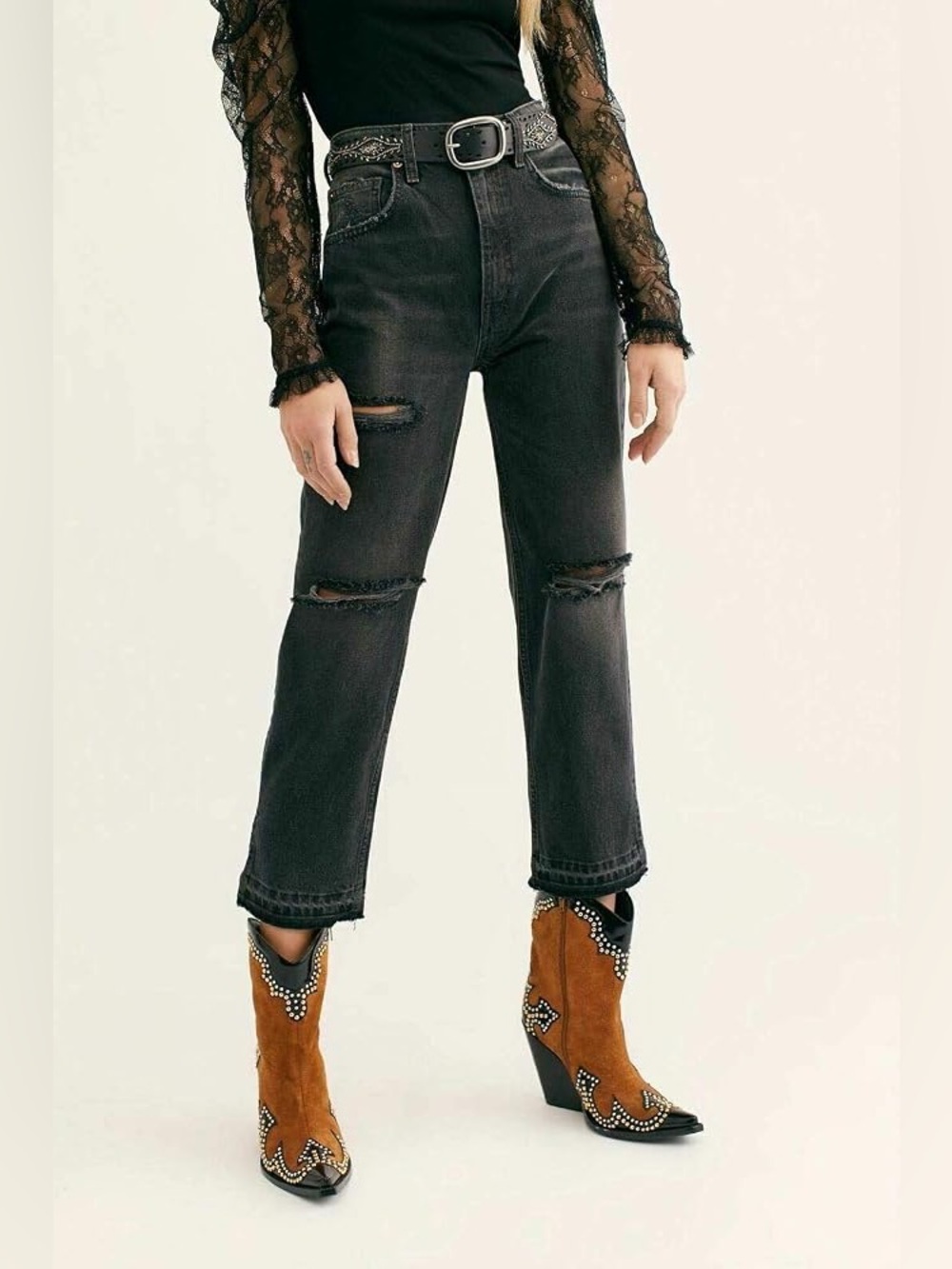 NEW Free People Lita $98 High-Rise Distressed Black Crop Jeans Sz 24 Revolve